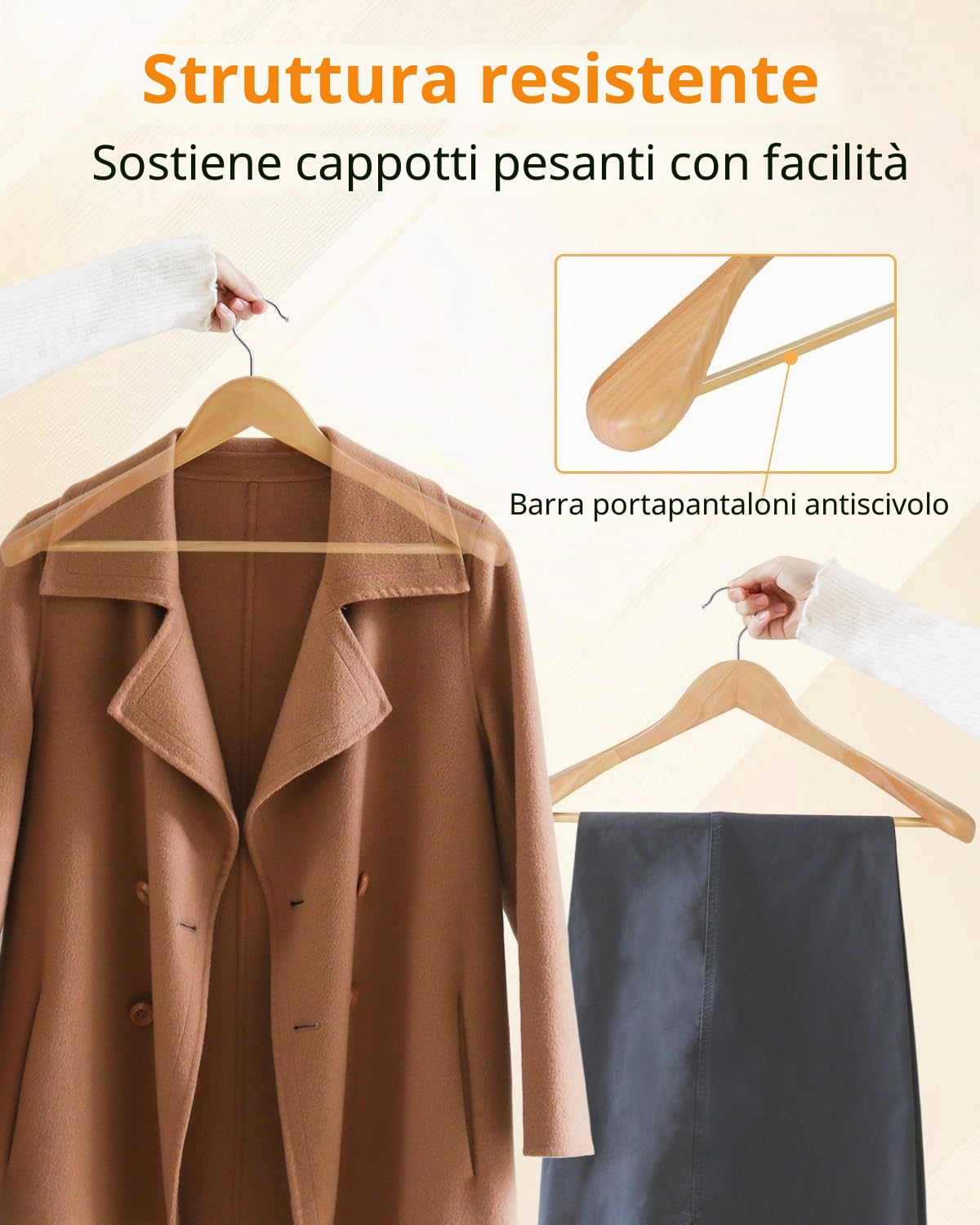 Hangerman Grucce in legno naturale, confezione da 10 grucce appendiabiti in legno, rivestimento lucido con spalla extra larga, ganci girevoli a 360°, barra antiscivolo con vite