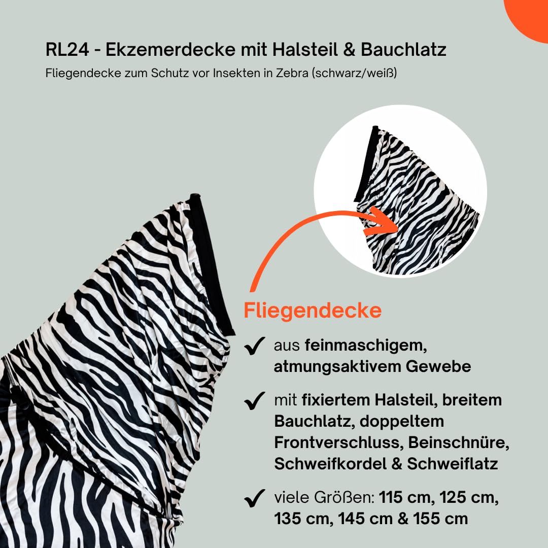 RL24 Ekzemerdecke mit Halsteil & Bauchlatz – Fliegendecke Insektenschutz – Pferdedecke Schwarz/Weiß 115cm