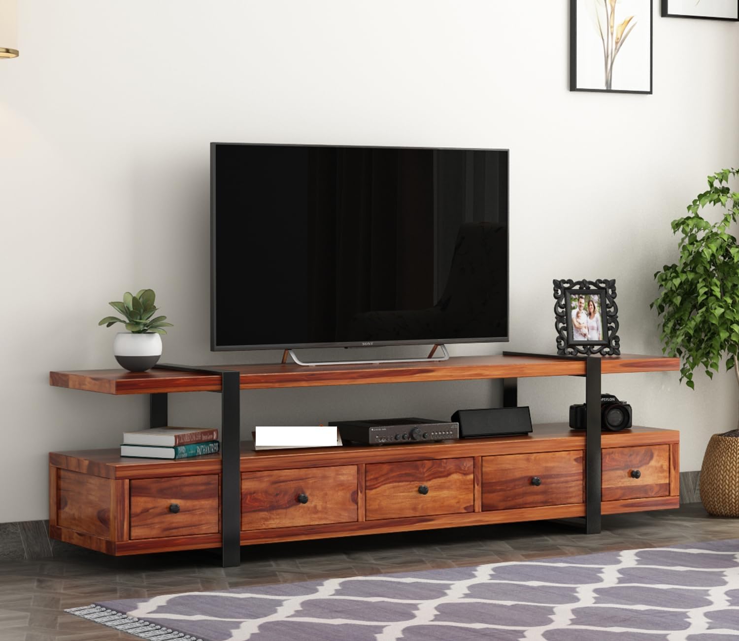Rustic Sheesham Wood & Metal TV Unit with 5 Drawers, 1 Shelf, and Storage for up to 70-Inch TV – Perfect for Living Room (George, Honey Finish)-image-10