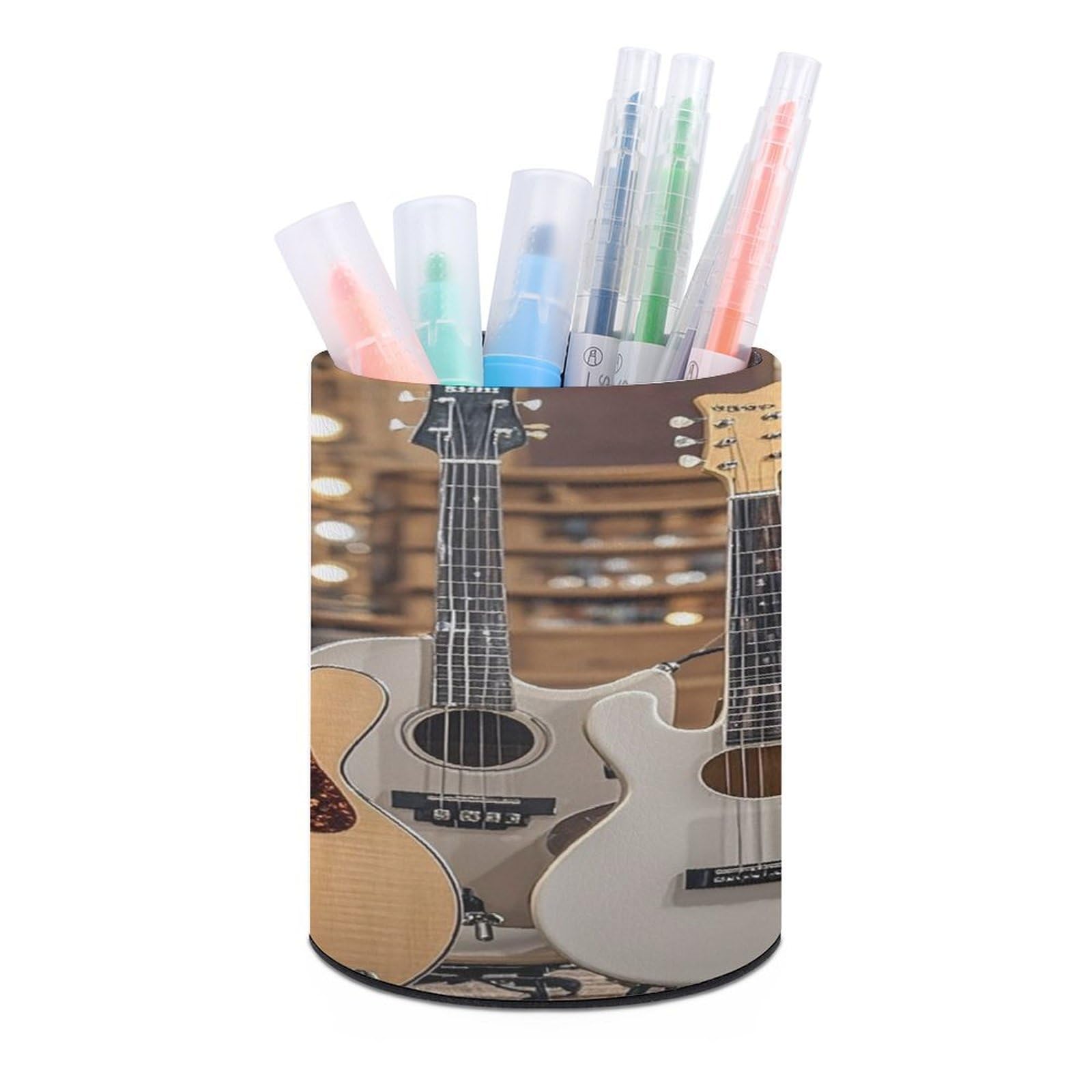 FekiLoot Round Guitar Bass Music Musical Instruments Pen Holder for Desk PU Leather Waterproof Pencil Cup Stand Minimalist Makeup Brush Storage Organizer Desktop Stationery Container Accessorires