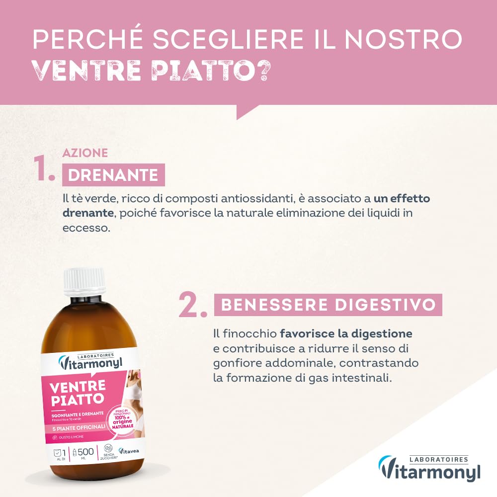 Vitarmonyl Ventre Piatto - Drenante con Thè Verde e Finocchio - Detox da Bere - Contro il Gonfiore - Gusto Limone - 500 ML -