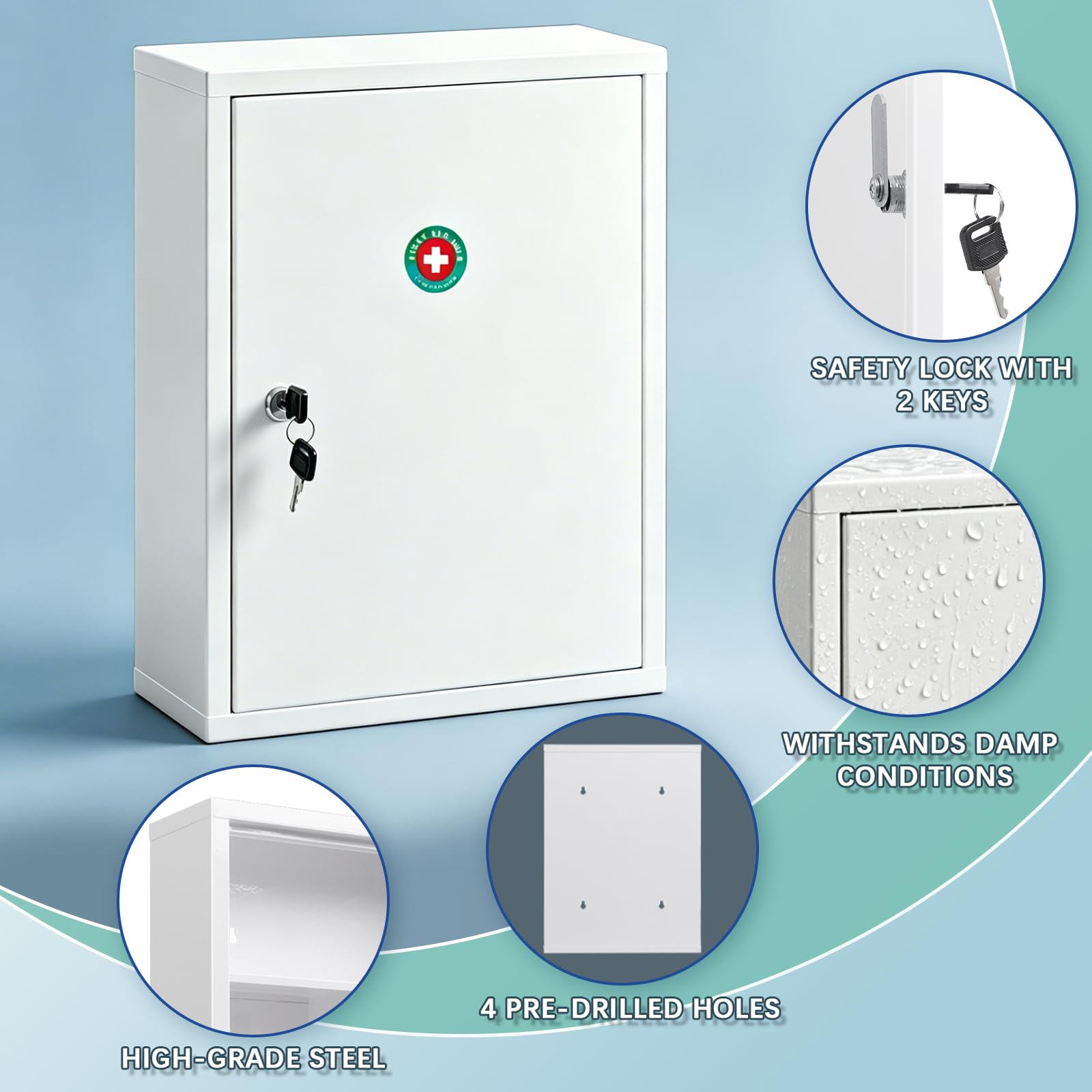 KYODOLED Botiquín de pared con bloqueo, botiquín de primeros auxilios de gran capacidad para baño, botiquín con llave, caja de bloqueo de acero segura para medicamentos, 15.75 pulgadas de alto x 11.82