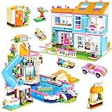 Friends House Building Blocks Set Pool Party Building Toy Creative Construction Toy STEM Building Bricks Kit with Storage Box Perfect Role Play Toy Educational Gift for Girls 6-12
