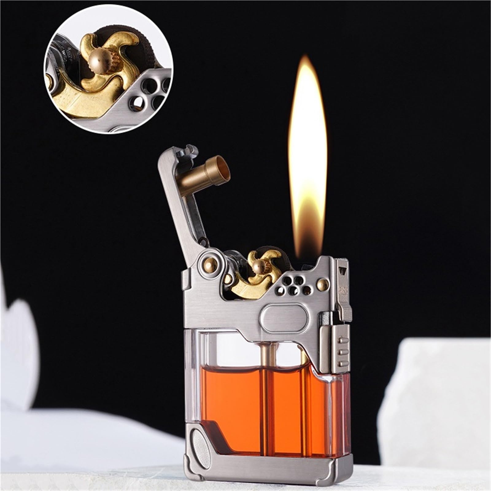 Encendedor de queroseno con encendido de un botón, diseño resistente al viento, tanque de combustible transparente, reutilizable, bloqueo de seguridad para hombres
