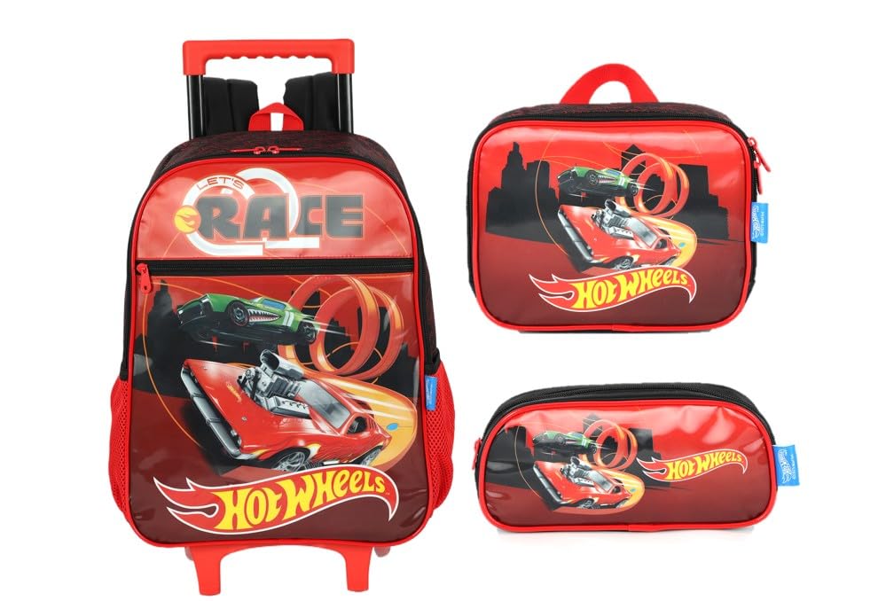 Kit Mochila Rodinha Hot Wheels Lancheira Estojo 2026 Vermelh Vermelha