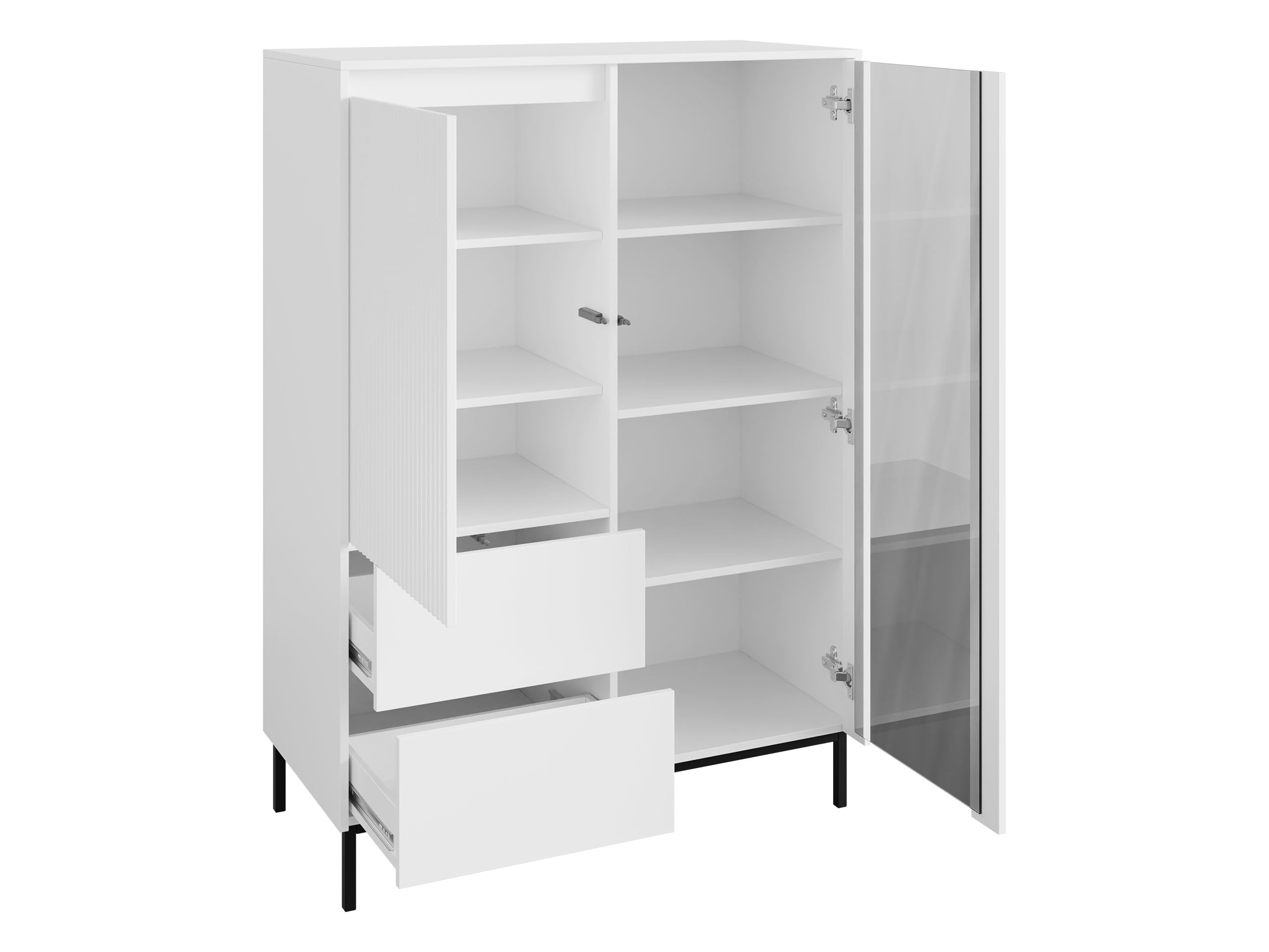 Mirjan24 Standvitrine Ozmi 2D2S, Vitrine mit 2 Türen und 2 Schubladen, innen 7 Fächer, Metallfüße, Push to Open, geriffelte Fronten, Vitrinenschrank für Wohnzimmer (Weiß)