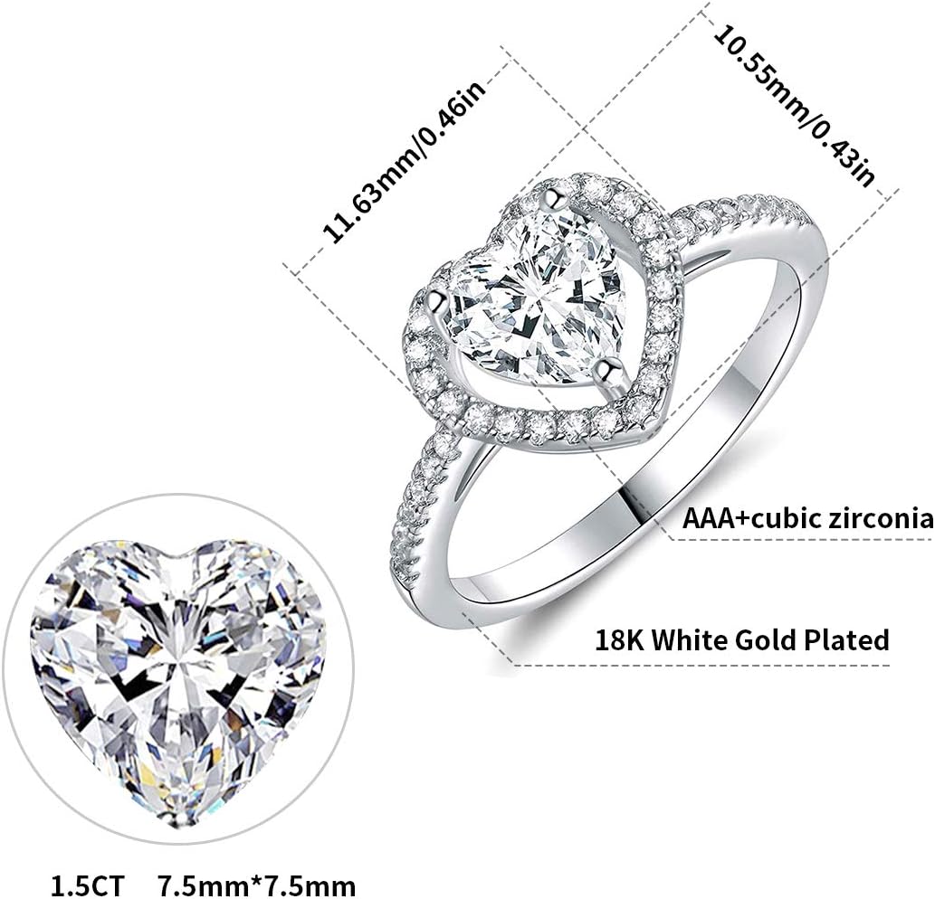 18K White Gold Plated Heart Cubic Zirconia Rings for Women Wedding Promise Engagement Size 5-10 - Image 6