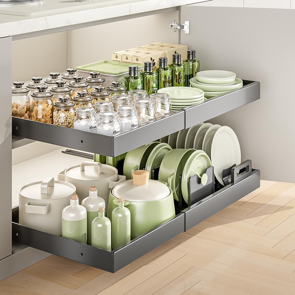 Pull Out Cabinet Organizer 16.9" Deep, Heavy Duty Expandable (13.78"-19.69") Slide Out Drawers Fixed with Adhesive Nano Film, for Kitchen Cabinets, Pantry, Bathroom or Under the Sink (Black)