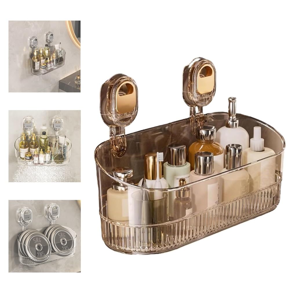 No-Drill Bathroom Suction Storage Box Shelf Rack Shower Caddy Suction Cup Wall Mount Organizer with Drain Hole Transparent