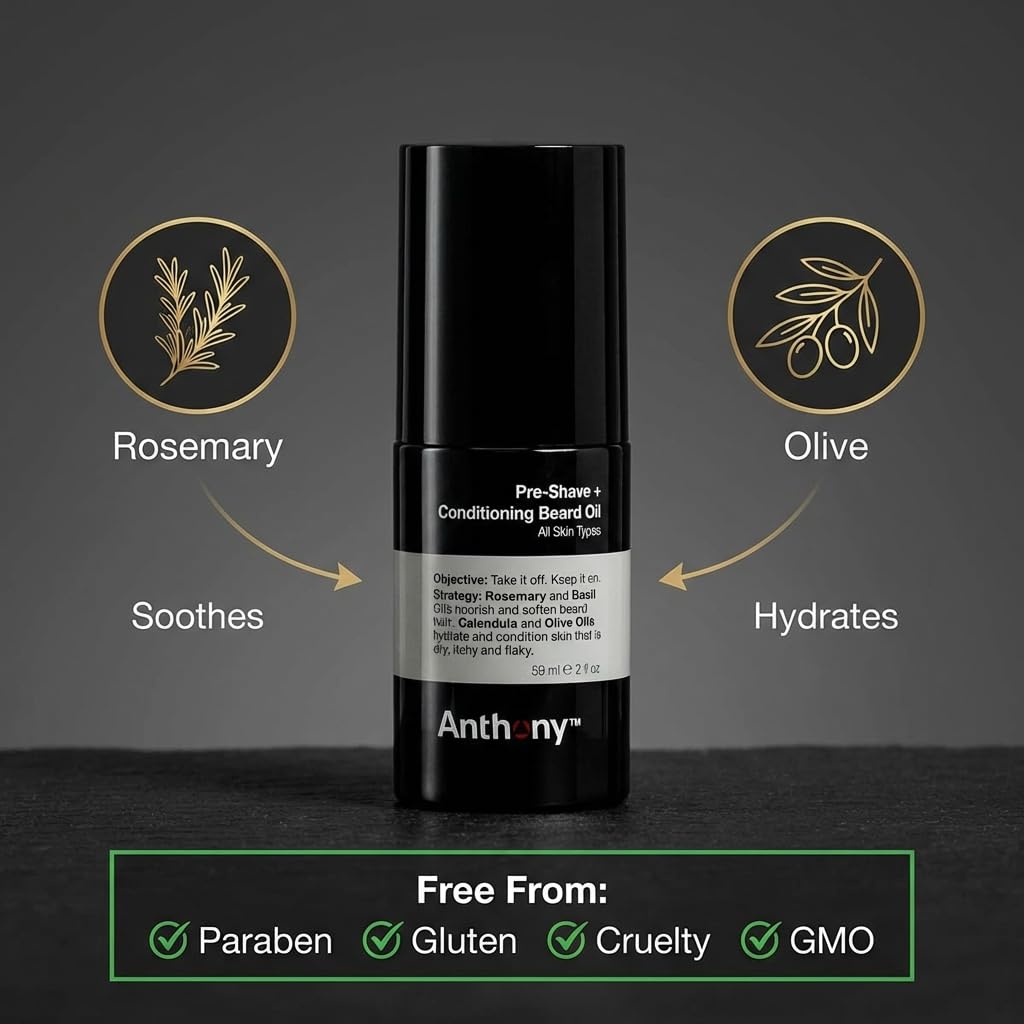 Anthony Pre-Shave and Conditioning Beard Oil, 2 Fl Oz, Contains Rosemary, Basil, Olive and Calendula Oils, Hydrates, Softens, Nourishes, and Conditions Skin
