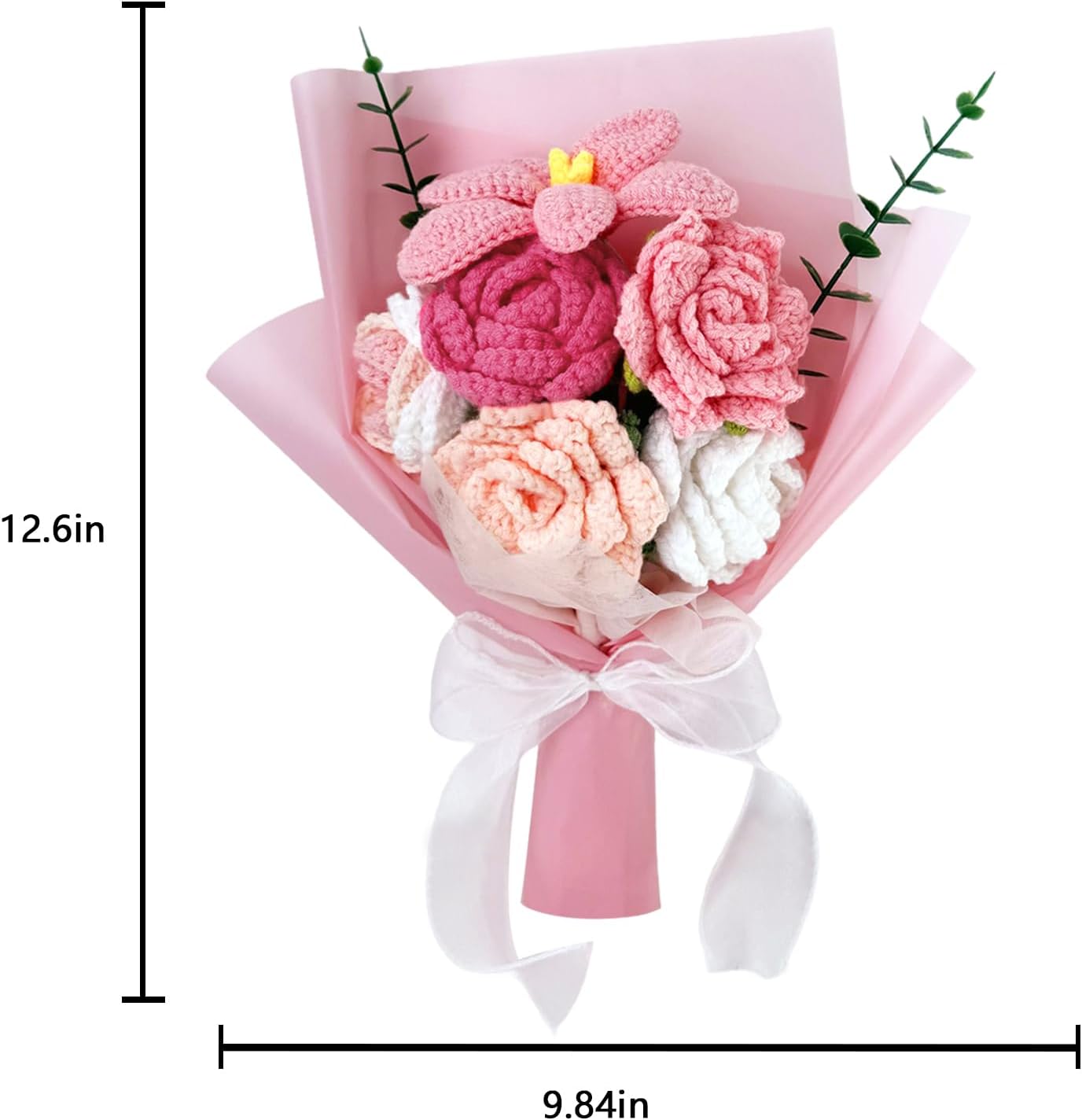 QaingNe Handmade Crochet Flower Bouquet, Pink Roses Knitted Flower Bouquet, Crochet Roses Tulip Flowers for Valentine’s Day Teacher'Day Mother's Day Graduation Gifts (pink)