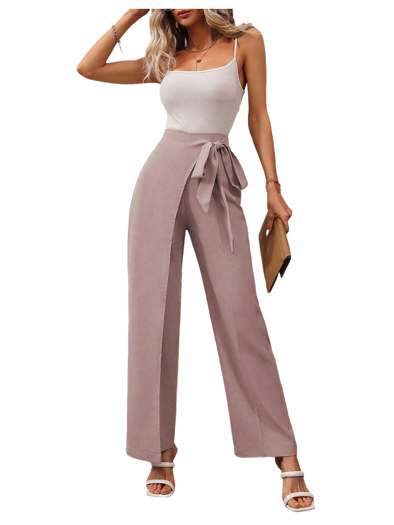 MakeMeChic Womens High Waist Trousers Straight Leg Bow Knot Work Office Suit Pants