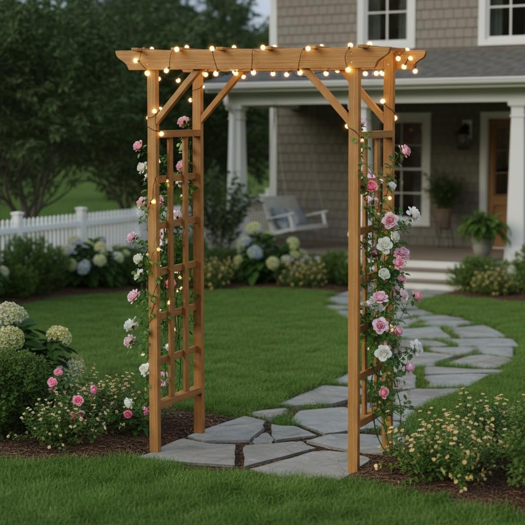 85 Inch Wooden Garden Arch, Rustic Pergola & Plant Trellis – Outdoor Wedding Archway Ceremony Decor, Garden Arbor for Backyard Lawn Courtyard Patio or Christmas Decoration (Light Brown, 57 * 22 * 85)