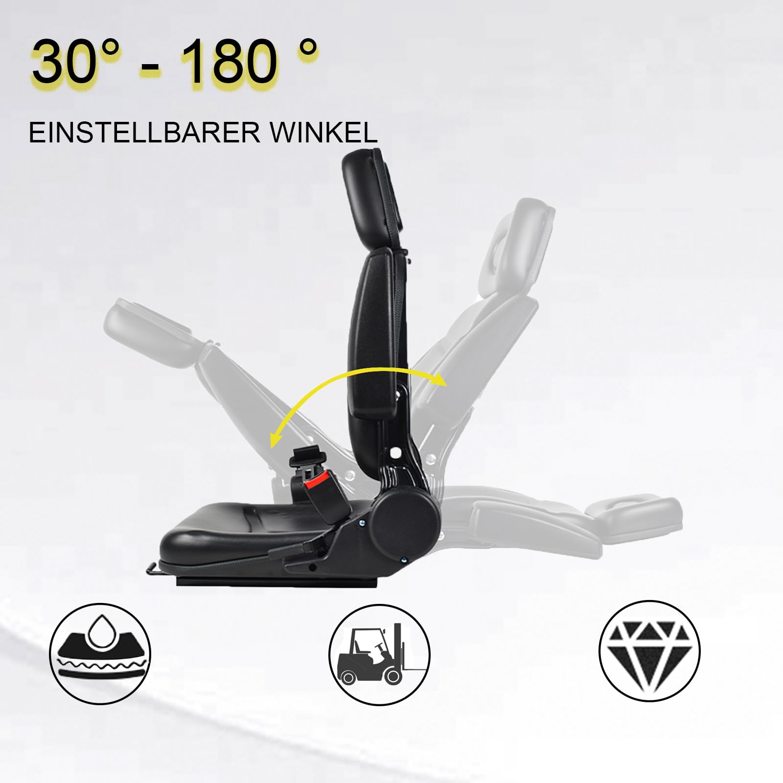 Universal Gabelstapler-Sitz mit verstellbare Rückenlehne 180°, wasserdichter PVC-Mähersitz mit Kopfstütze, Armlehnen, Sicherheitsgurt, für Traktor Bagger, Gabelstapler