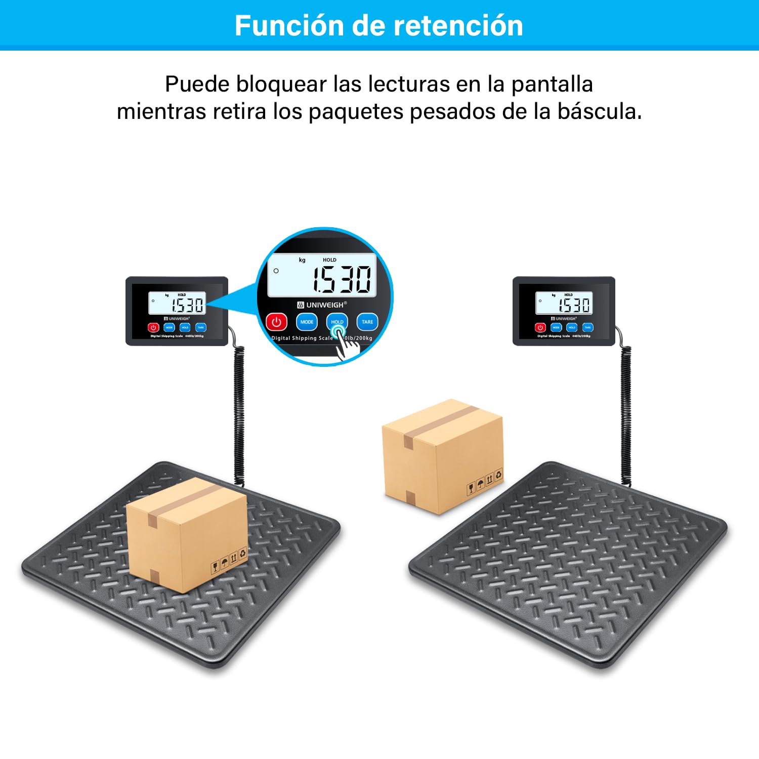 UNIWEIGH Báscula digital de precisión 10 g, plataforma de acero duradera, para paquetes/almacenes/equipaje, báscula de paquete con LCD/Hold/Tara, pilas y USB