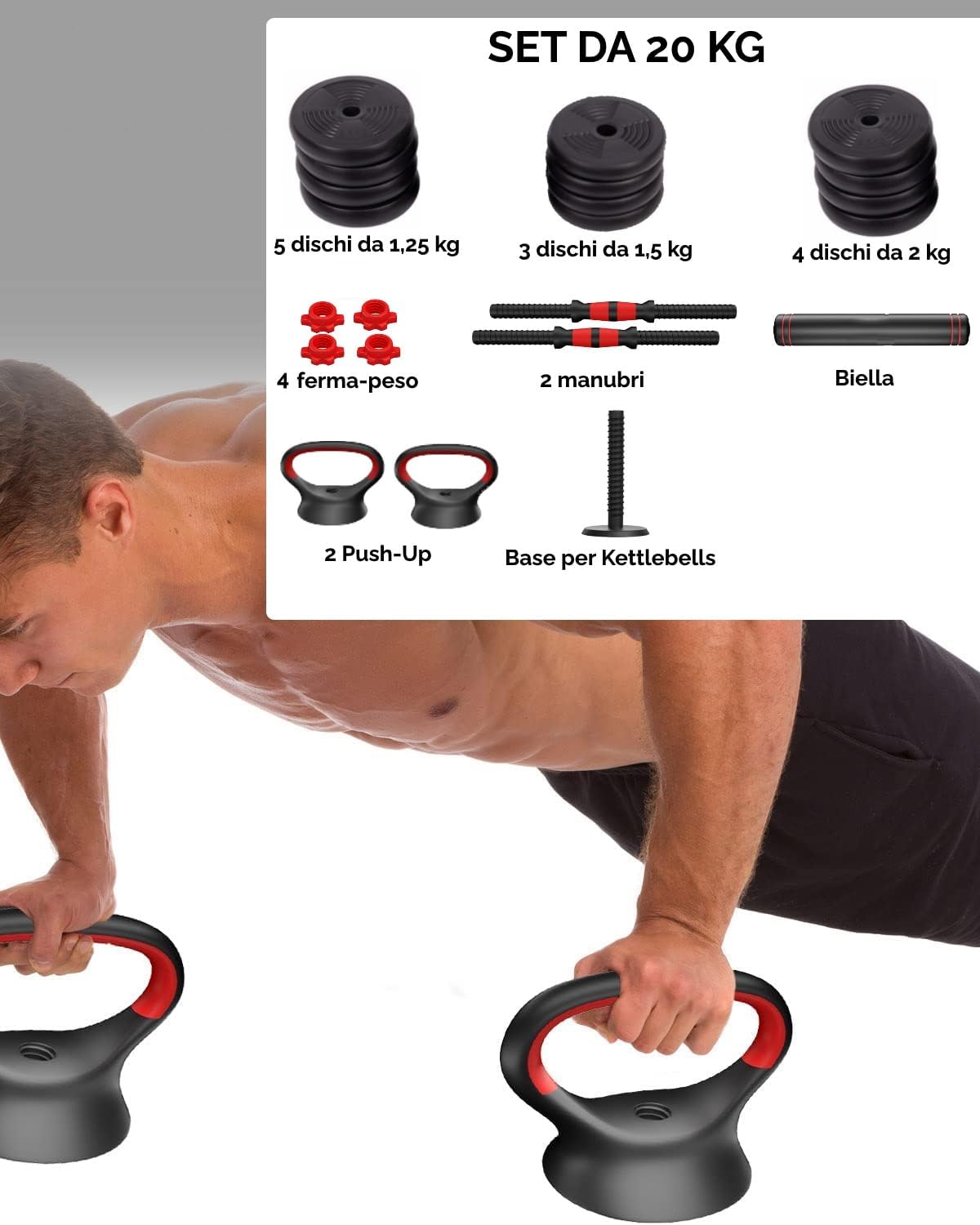 FFitness Regulowany Zestaw Hantli, Który Można Przekształcić w Sztangę, 6 w 1, Stojak do Pompek z Kettlebell, Dostępne Różne Ciężary 10-40 Kg (20)