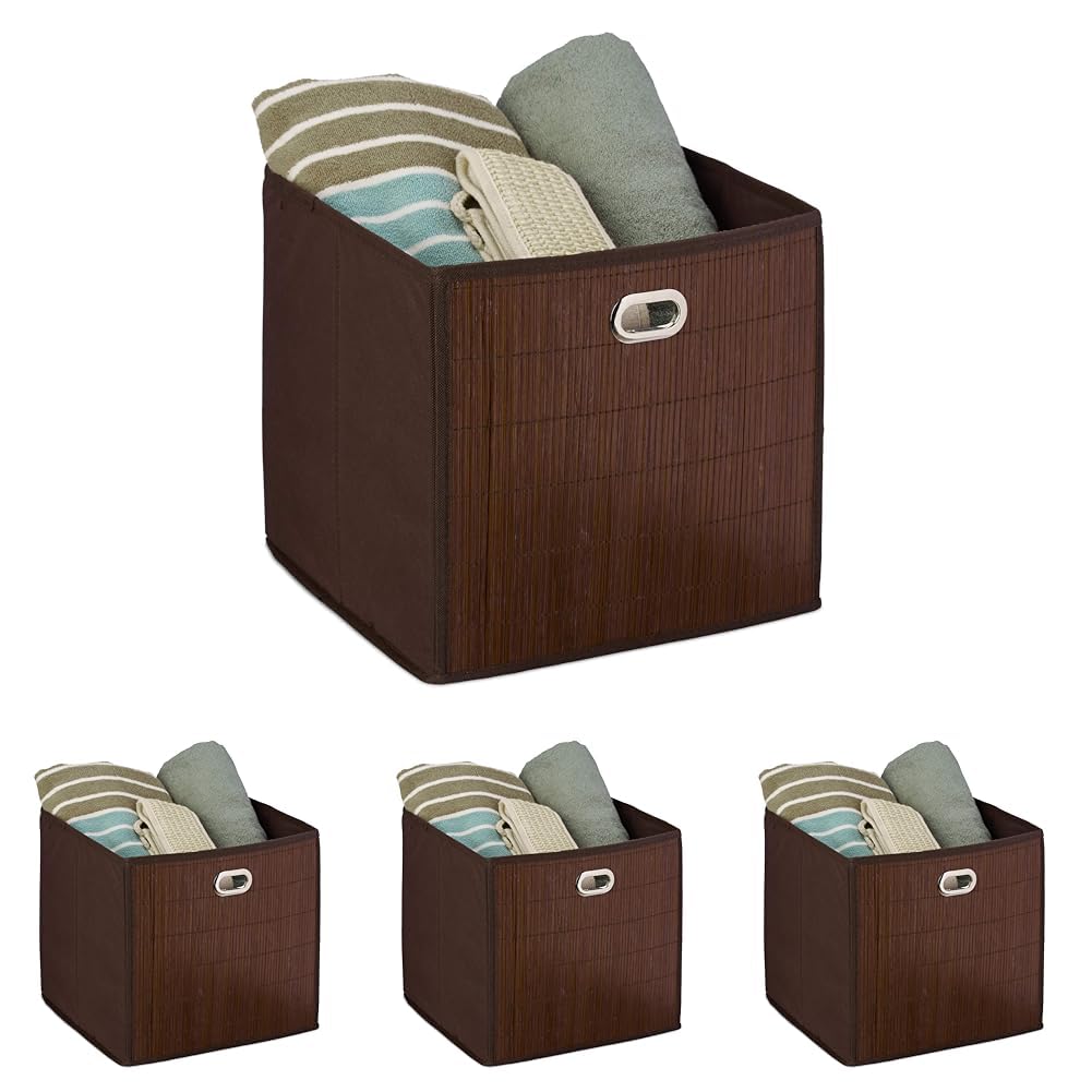 Relaxdays 10034147_93 Aufbewahrungskorb Bambus, Badkörbchen quadratisch, Stoff Regalkorb hoch, HBT: 31 x 31 x 31 cm, faltbar, braun (Packung mit 4)