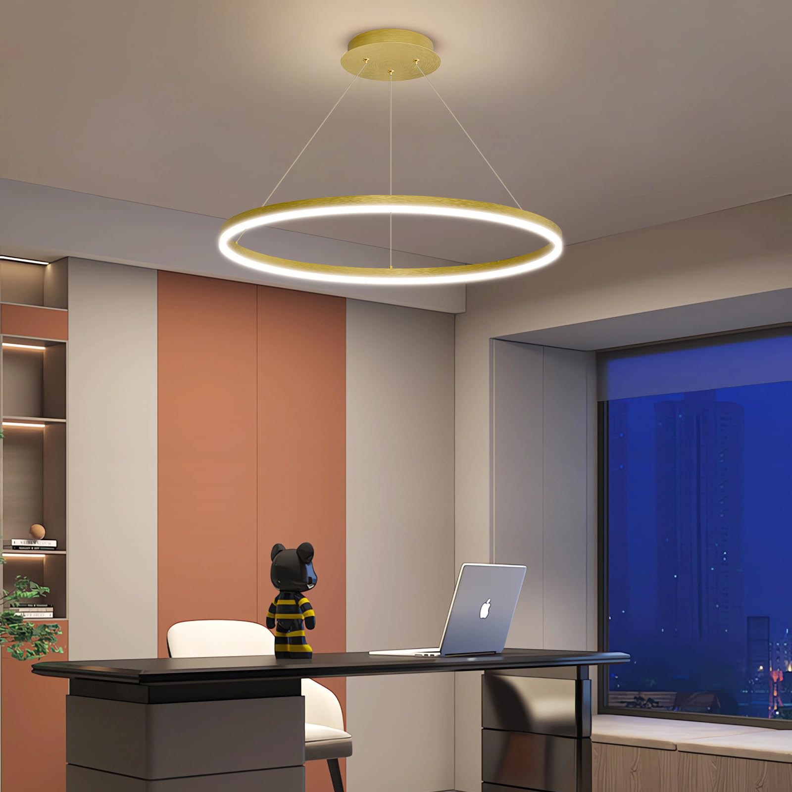 Mikeru 60cm Gold Chandelier, Dimmable Round Pendant Light with Remote Control (3000K/4500K/6500K), 10%-100% Brightness Adjustable, with Memory Function, Suitable for Kitchen, Living Room, Bedroom