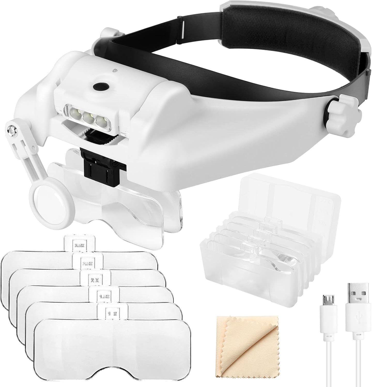 Headband Magnifier with LED Light 1X to 14X, SUNJOYCO