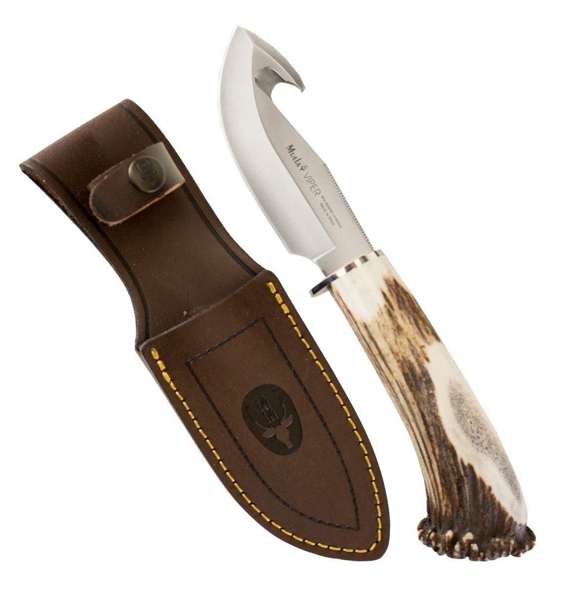 Muela Cuchillo VIPER-11S hoja de acero ACX-380 de 11 cm y empuñadura de asta de ciervo para Caza, Pesca, Supervivencia y Bushcraft Realizado en Ciudad Real + Portabotellas de regalo