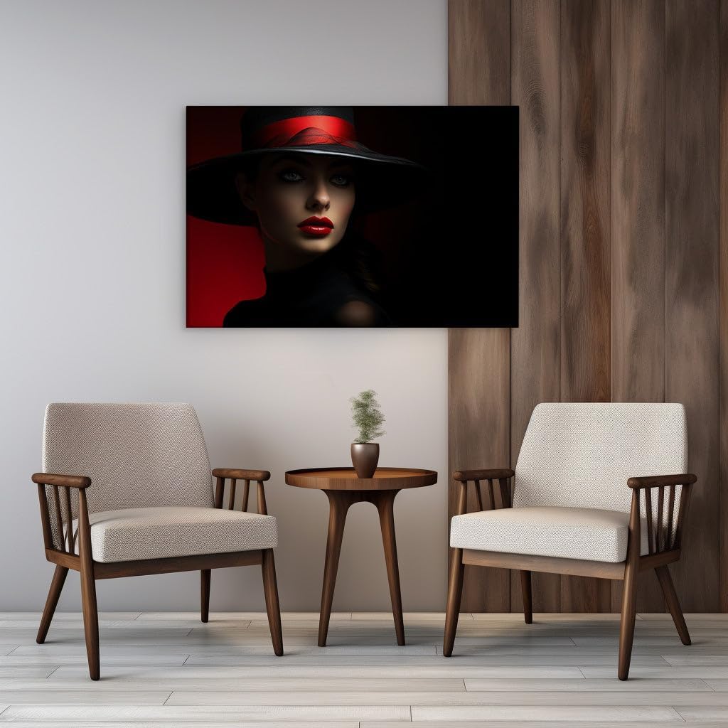 Canvas for Living room. Mystery in Her Gaze: The Enigmatic Woman with the Crimson-Bowed Hat, 27 x 18 inch Canvas Wall Art - Ready to Hang - 69x46 cm (27x18 inch)
