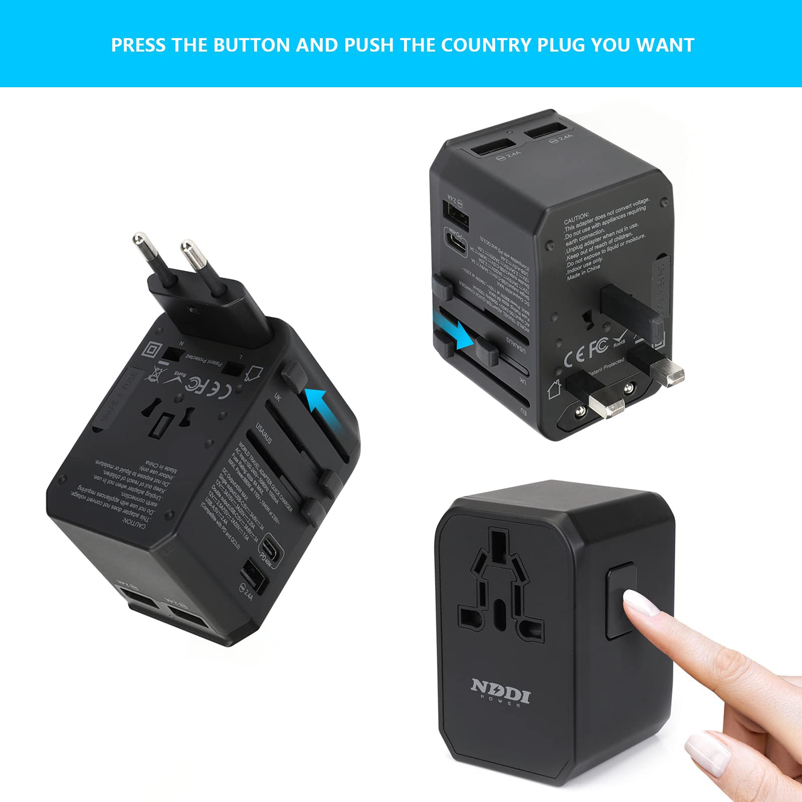 NDDI POWER 5 In 1 Adattatore Universale Da Viaggio Accessorio 45w Presa Universale Da Viaggio Con 3usb-A 1usb-C 1 Ac Per Fotocamere Digitali, Tablet, Supporta Spine Di Tipo A/B/G/E/F ((Us/Uk/Eu/Usa))