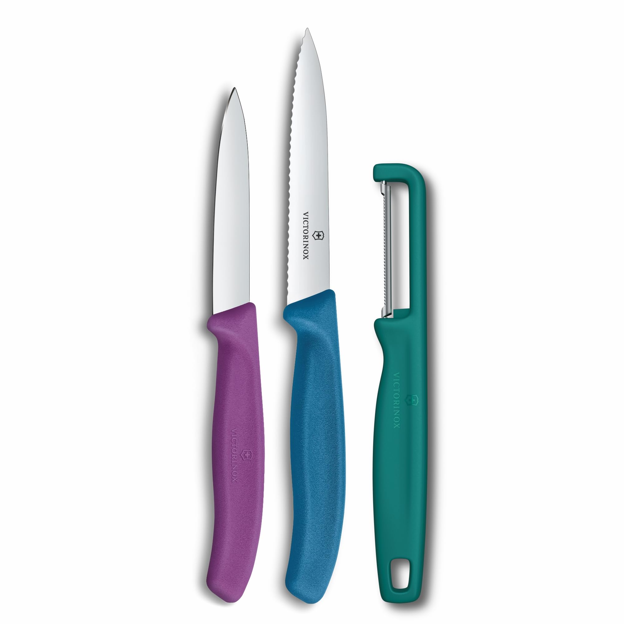 Victorinox Swiss Classic paring Knife Set with Peeler, paring Knife and Tomato Knife, 3-piece Set, Extra Sharp Blade, Coloured
