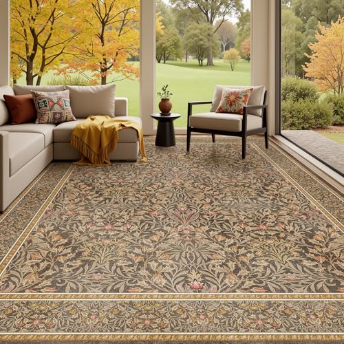 Dadasgk Fall Floral Area Rug 8x10, Gold Brown Washable Living