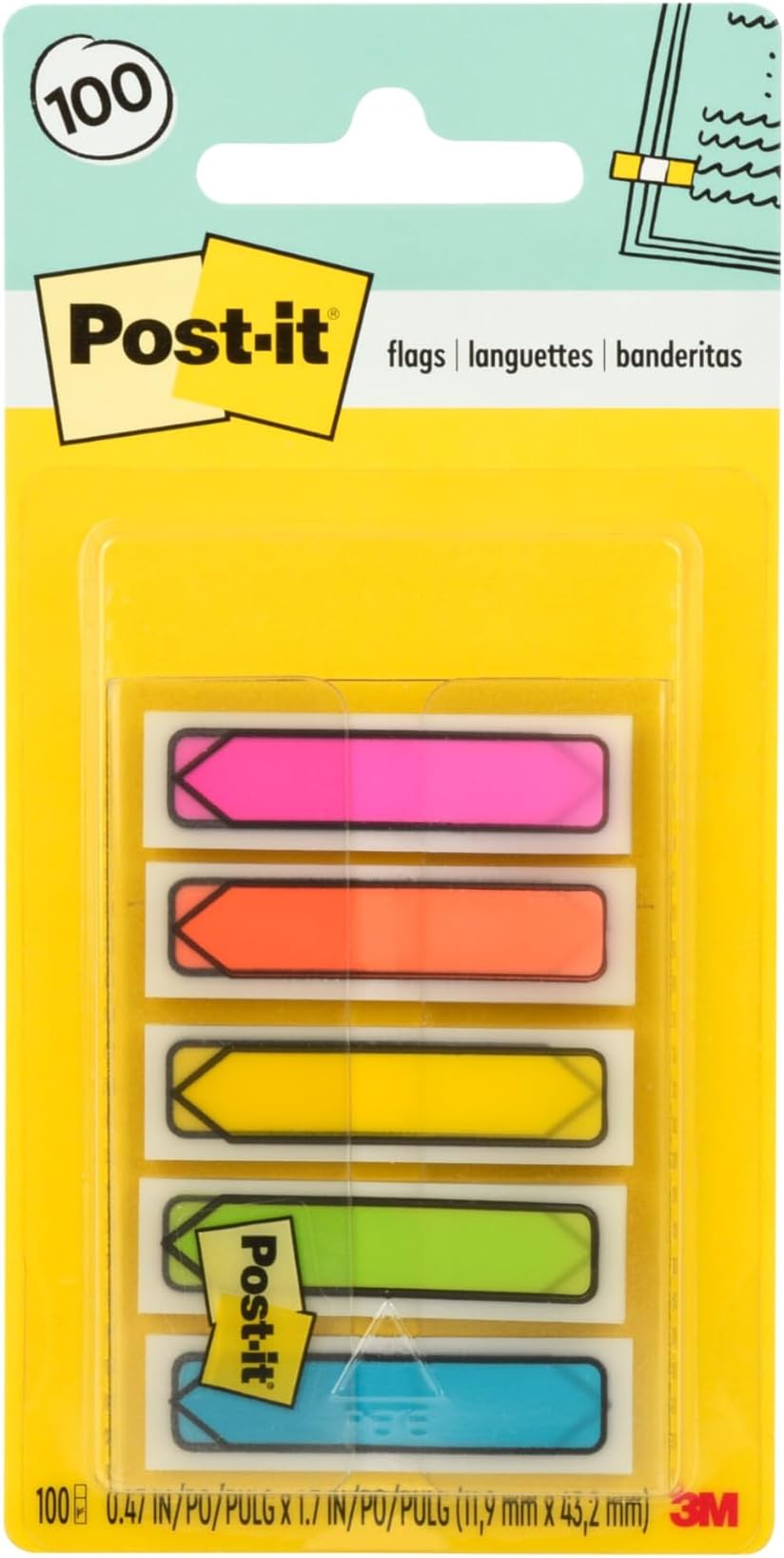 Post-it Arrow Flags, 0.47 in. x 1.7 in., One Dispenser with 100 -Count Assorted Bright Colors Sticky Tabs Per Dispenser, Removable Page Markers for Planners, Journals, and Calendars (100 Flags Total)
