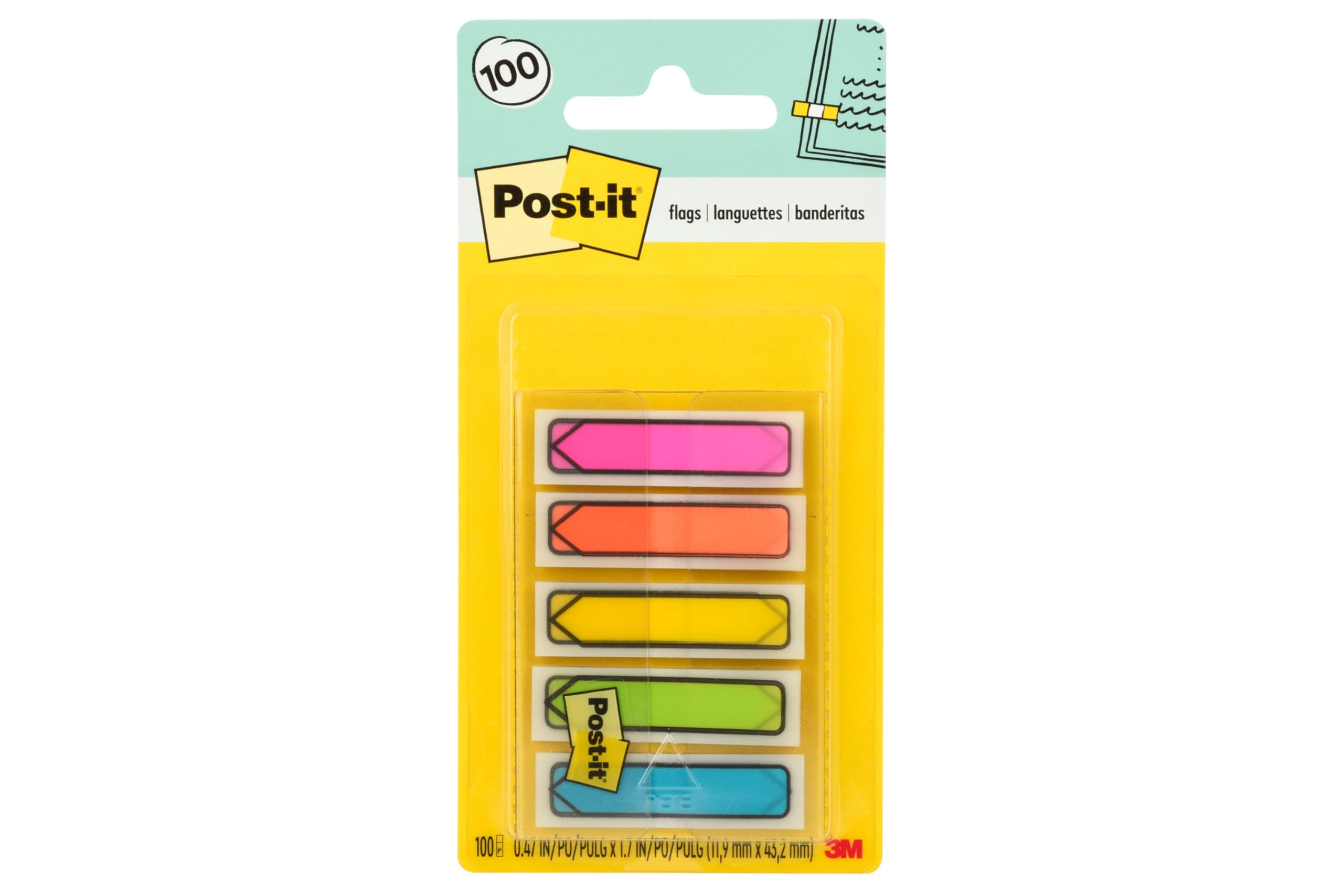 Post-it Arrow Flags, Assorted Bright Colors.47 in. Wide, 100/On-the-Go Dispenser, 1 Dispenser/Pack, (684-ARR2)