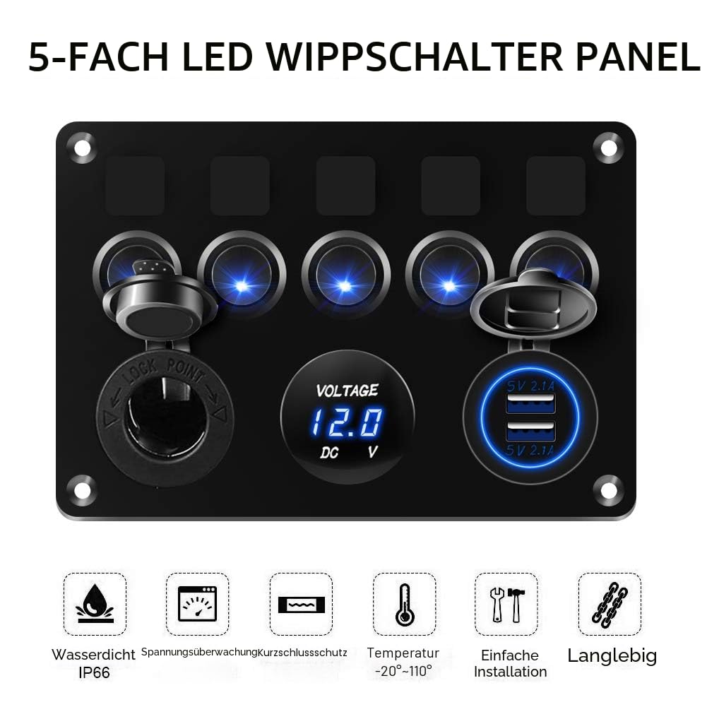 KAOLAI Schalter Panel 12V/24V 4.2A IP65 Wasserdicht Schalter Panel 12V Camper Dual-USB-Ladegerät LED Voltmeter Zigarettenanzünder 5 Kippschalter EIN/AUS für Boot Wohnmobil Fahrzeuge LKW