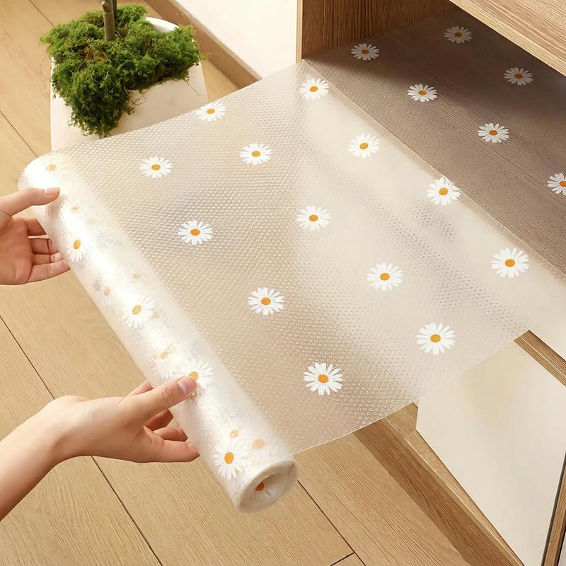 Kitchen Drawer Liners Shelf Liner for Kitchen Cupboards Non-Adhesive Waterproof & Non-Slip Cabinet Mat EVA Plastic Shelf Protector(Daisy,45x100cm)