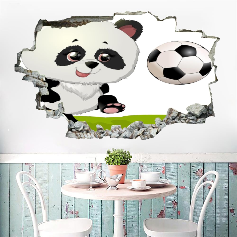 Adesivi Murali Murales Fracassati 3D Panda Decalcomanie Per Pavimenti In Impermeabile Art Calcio Per La Camera Da Letto, La Decorazione Della Parete Della Scuola Materna 120x80cm