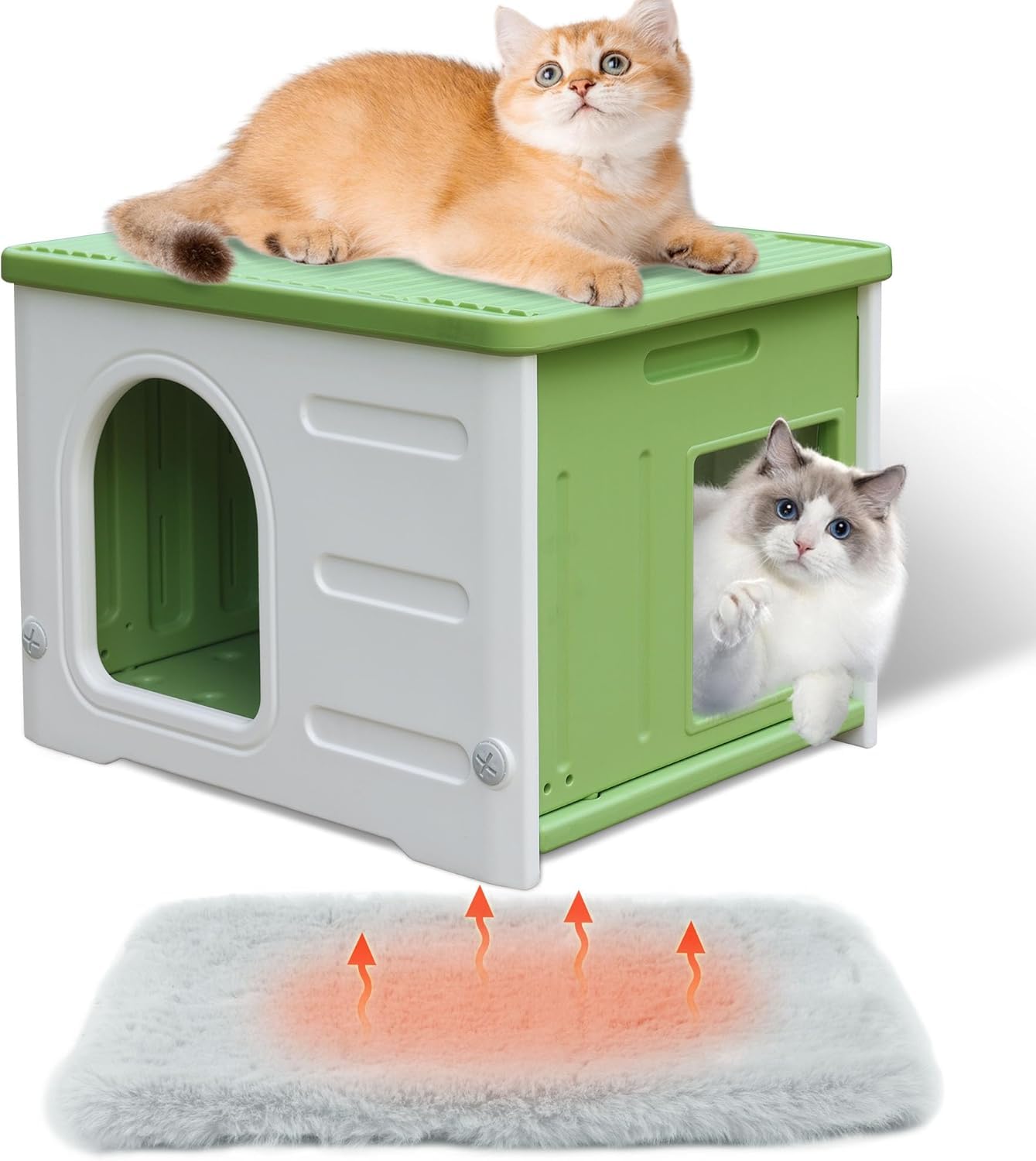 FJJRTWDG Comfortable Plastic Cat House with Escape Door, Artificial Pet House, Suitable for Indoor and Outdoor Pets Suitable for Indoor Pets(Green with Mat)