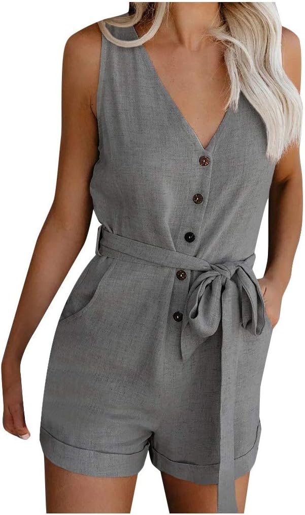 Starryflashing_Women TopsWomen Solid V Neck Jumpsuits Rompers, Ladies Casual Pocket Button Sleeveless Bodysuit with Belt