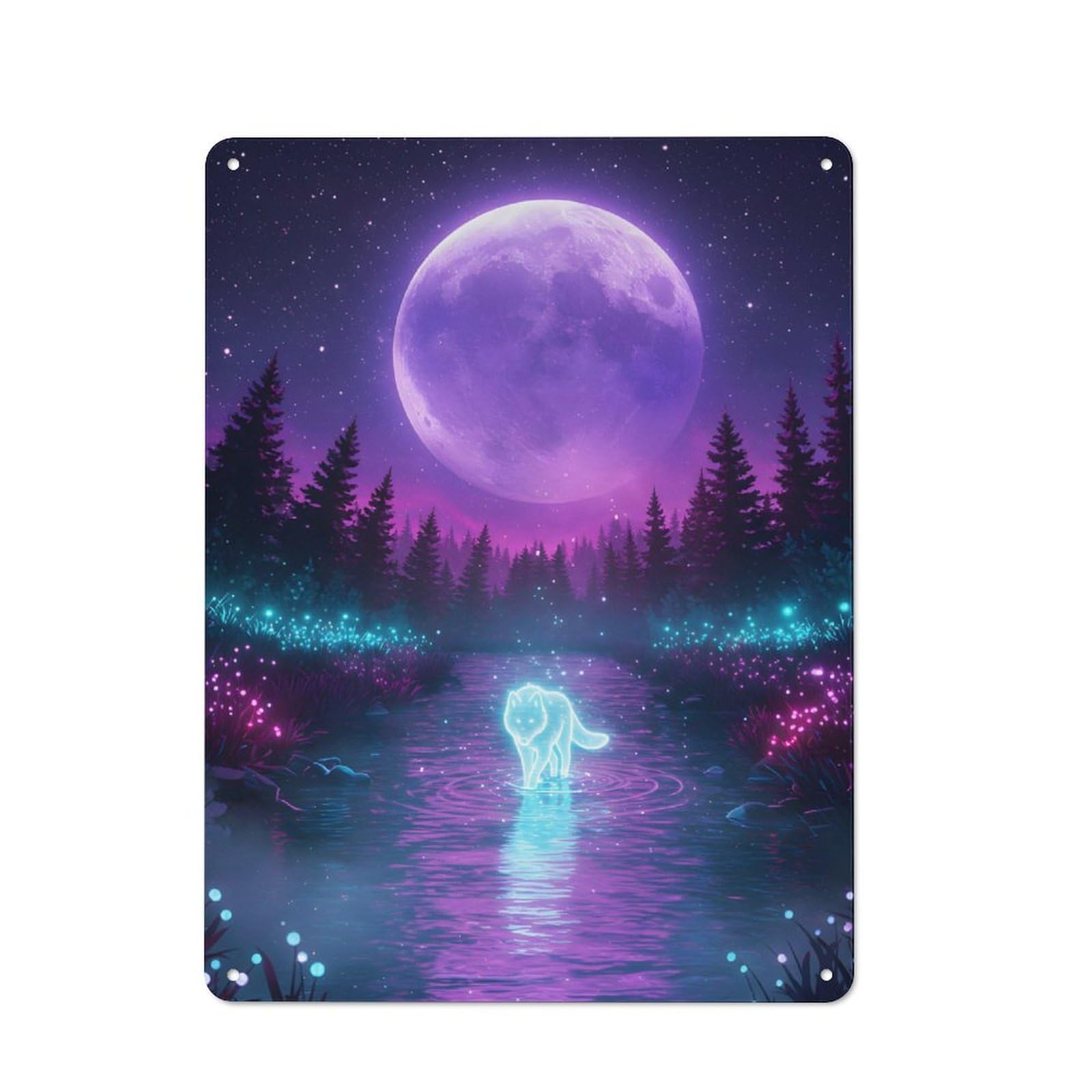 Metal Sign 40x30cm with Neon Wolf in Moonlight Stream for Hallway Wall, Vintage Decor, for Vintage Wall Decor Fans, for Themed Room Decoration