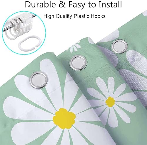 Miniatura 6 de Cortina de ducha floral con margaritas verdes, bonito juego de cortinas de ducha de tela de flores retro bohemias blancas y verdes para niñas,