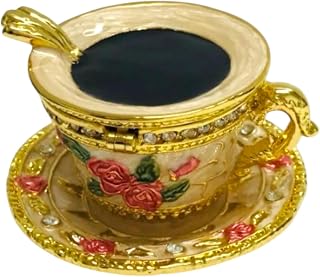 14k Gold Plated Hand Crafted Tea Cup Trinket Box, Pewter, Hand-Enameled with Roses, Austrian Crystal Accents