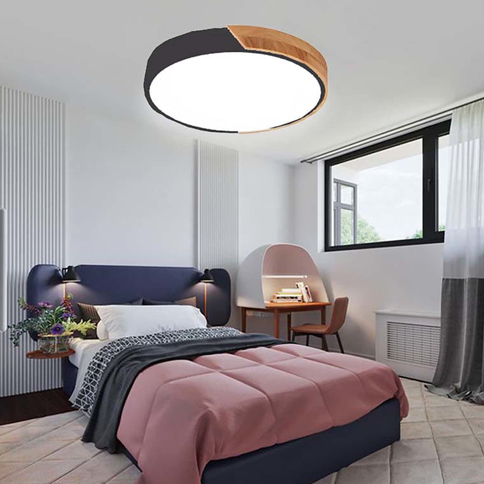 Okrągła lampa sufitowa LED w kształcie makaronika, nowoczesna, drewniana lampa wpuszczana, do pokoju dziecięcego, salonu, przedpokoju, czerń i ciepła biel, 50 cm, 36 W