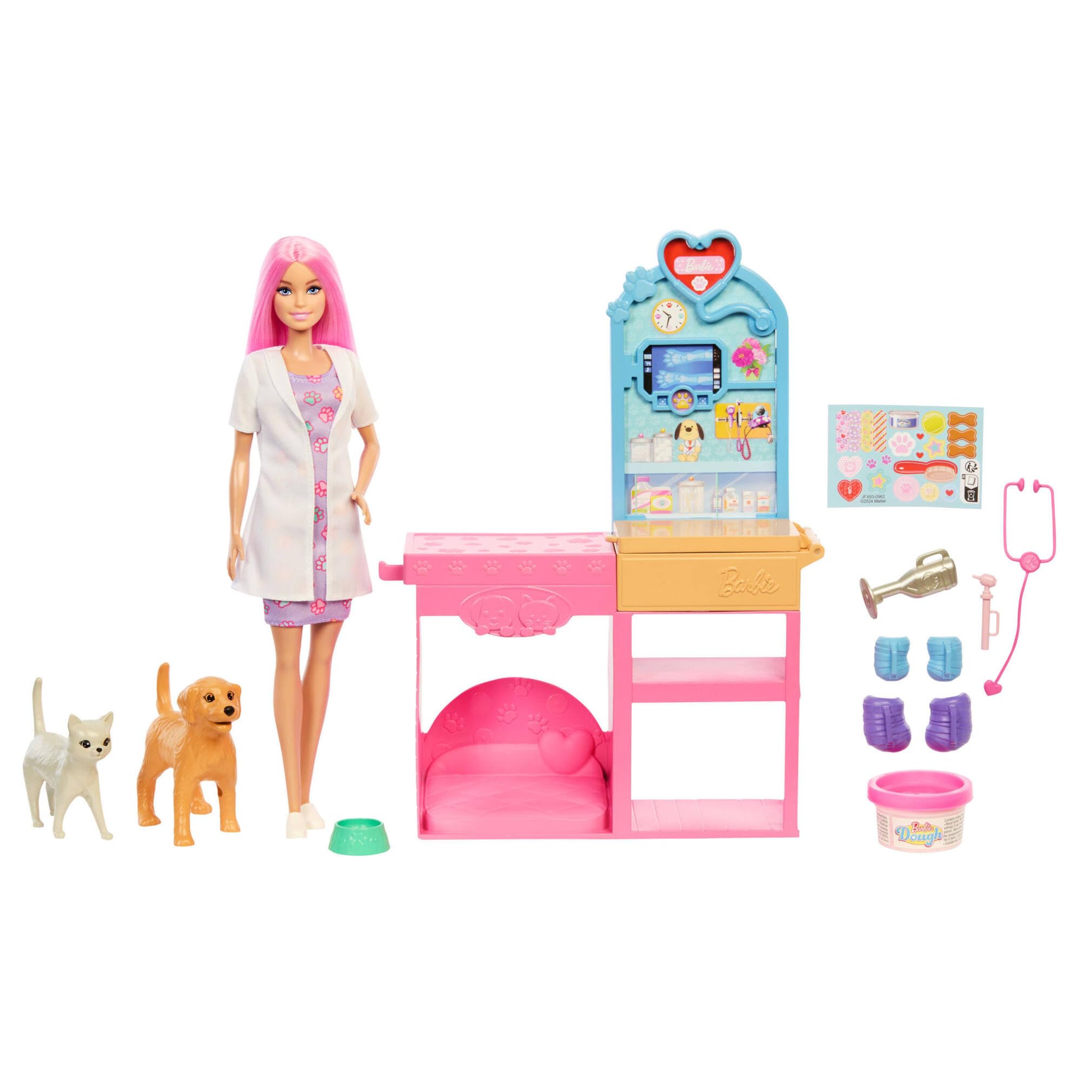 Barbie Clínica veterinaria Conjunto con muñeca de pelo rosa, muebles de consulta veterinaria y más de 10 accesorios incluyendo moldes y masa para escayolas, JFX93