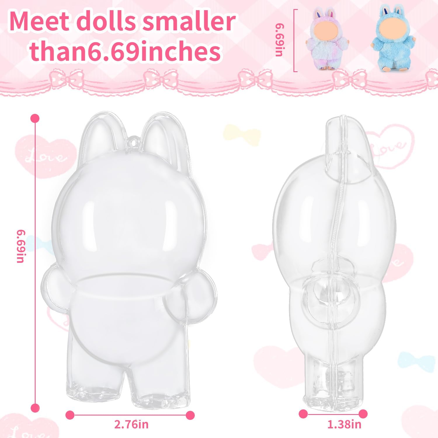 2PCS Protective Case Compatible with Doll，HD Clear Figure Display Blind Bag LABU Case, Storage Bag, Crystal-Clear Hard Display Box with Keychain (No Doll)