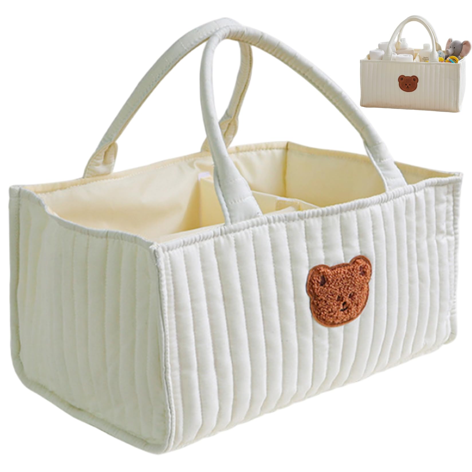 Goutdori Diaper Caddy Portable Quilted Basket with Removable Dividers & Handles for Nursery Nursery Storage Basket for Diapers Wipes Toys Baby Essentials White