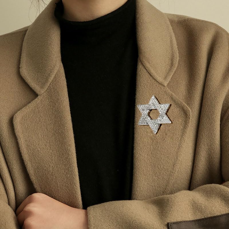 Image of Star of David Brooch Pin Full Crystal Gold /Silver Star Lapel Pin Six Pointed Star Safty Pin Women Men Clothes Decorations