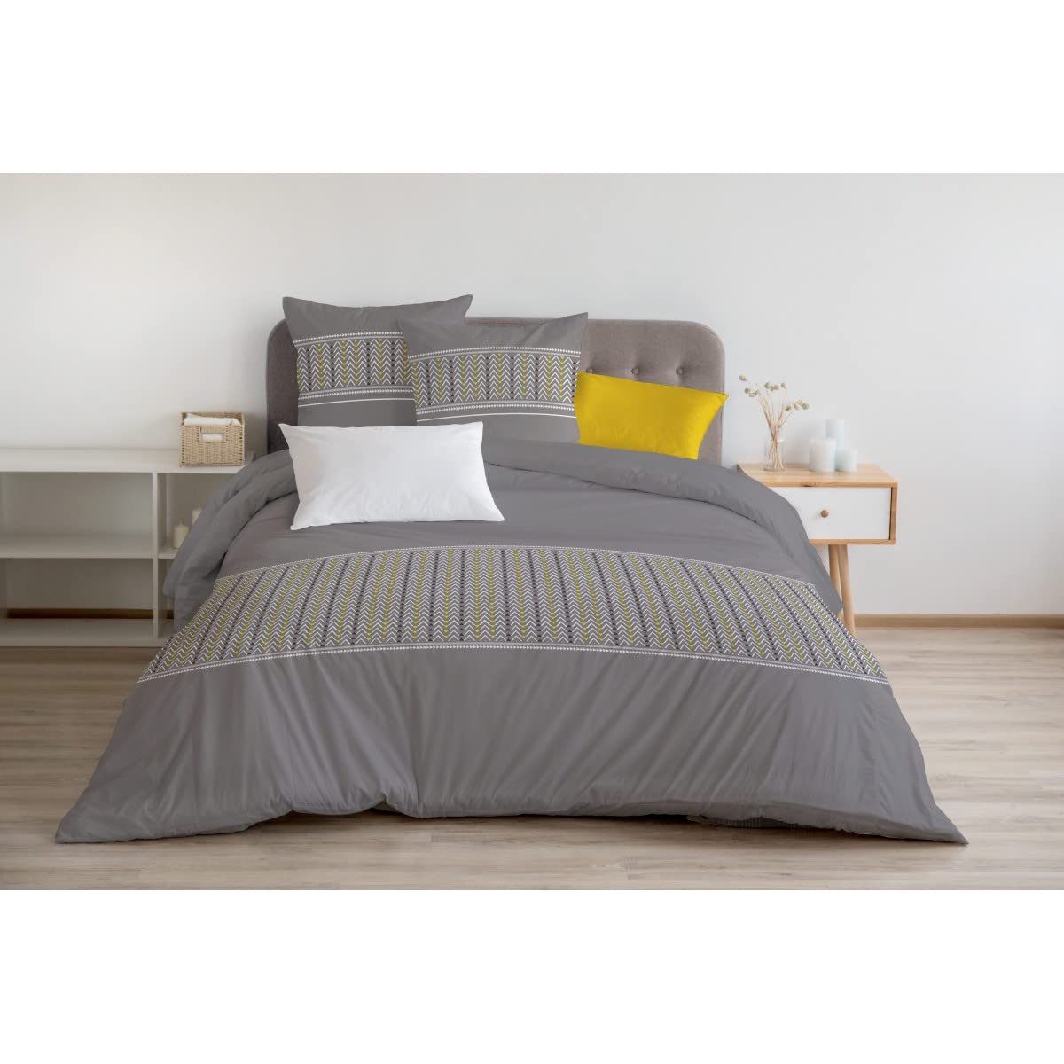 Housse de Couette 220x240 cm Gris Fonce et Lemon Home Linge Passion