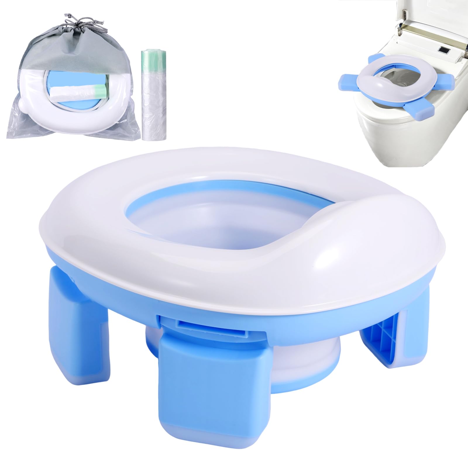 3-in-1 Töpfchen Kinder, Faltbarer Toilettensitz und Tragbares Reisetöpfchen mit Anti-Rutsch-Design, Einwegbeuteln und Reisetasche, Potty Training Toilette für Unterwegs, Auto, Reisen und Camping