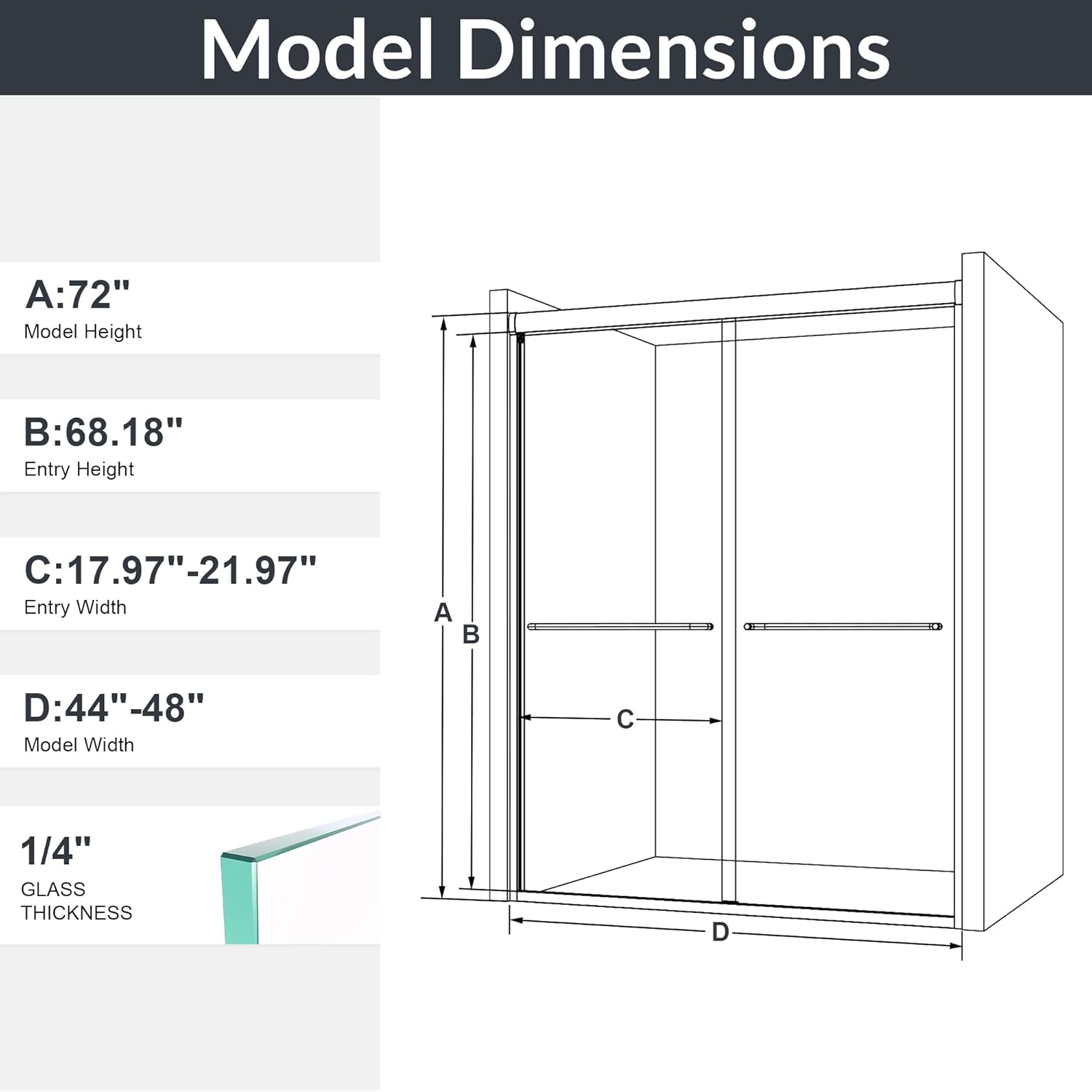 44-48" W x 72" Shower Door, Semi-Frameless Double Sliding Glass Shower Door, 1/4 inch Clear Tempered Glass Door for Walk-in Shower Matte Black
