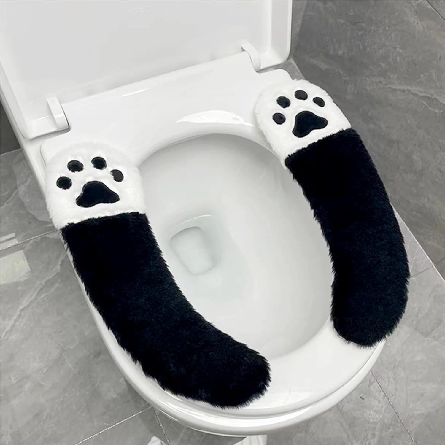 Toilet Seat Cover with Lifter Bear Paw Fuzzy Thicker Warmer Fleece Pad Washable Cushion Bathroom Accessories(Red-1)
