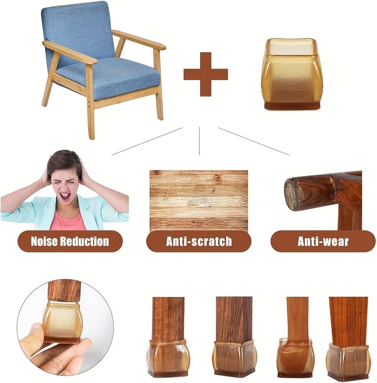 4 Pcs Clear Square Chair Leg Floor Protectors with Felt, Silicone Felt Furniture Pads for Hardwood Floor, Dining Table Leg Caps Covers No Scratches and Noise (Fit: 0.78-1.65in)