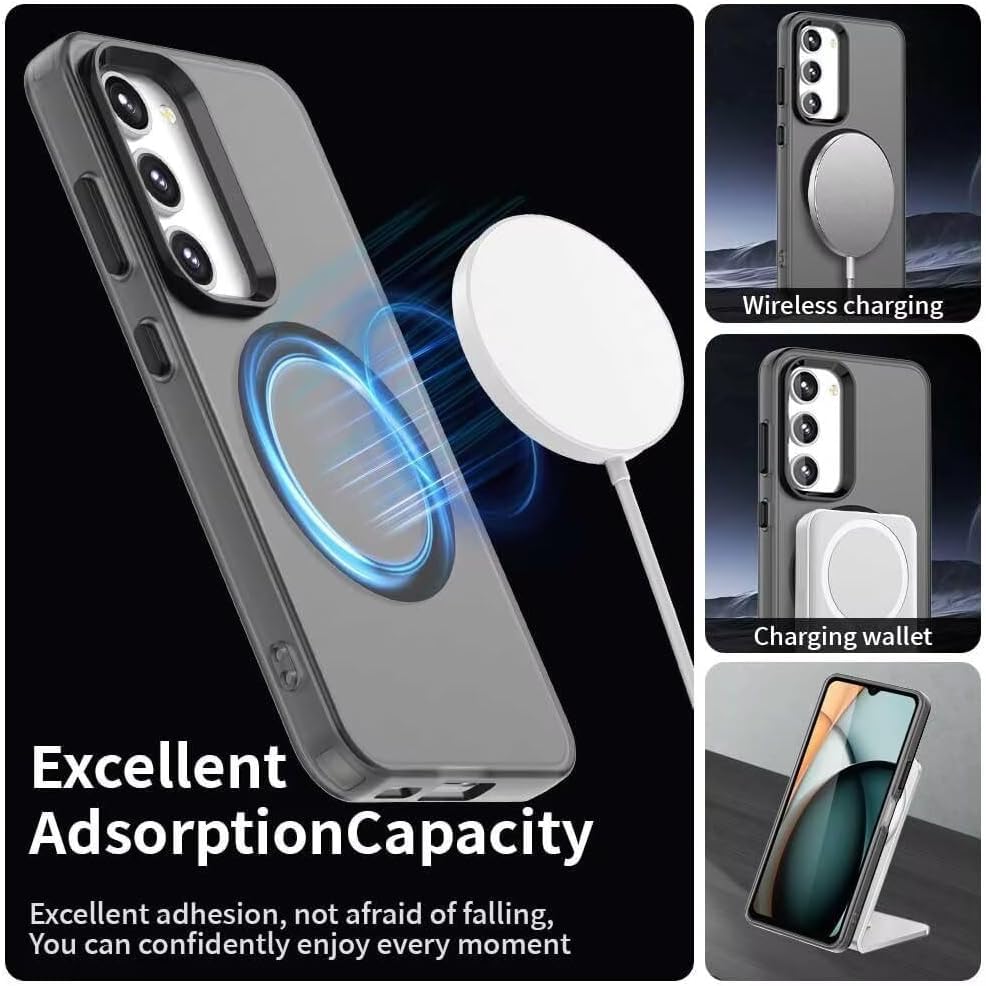 Image of Elzzi Translucent Back Cover for Samsung S24 fe Case, Shockproof Matte Phone Cover with Magnetic, MagSafe Compatible Protective Case for Men & Women (Black)