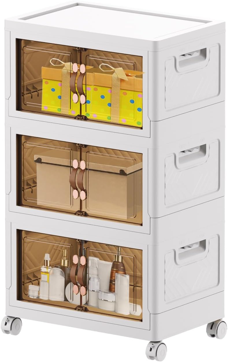 Collapsible Storage Bins with Wheels and Lids, Stackable Closet Organizers and Storage, 3x34L Plastic Folding Storage Containers For Home Office Kitchen (3)